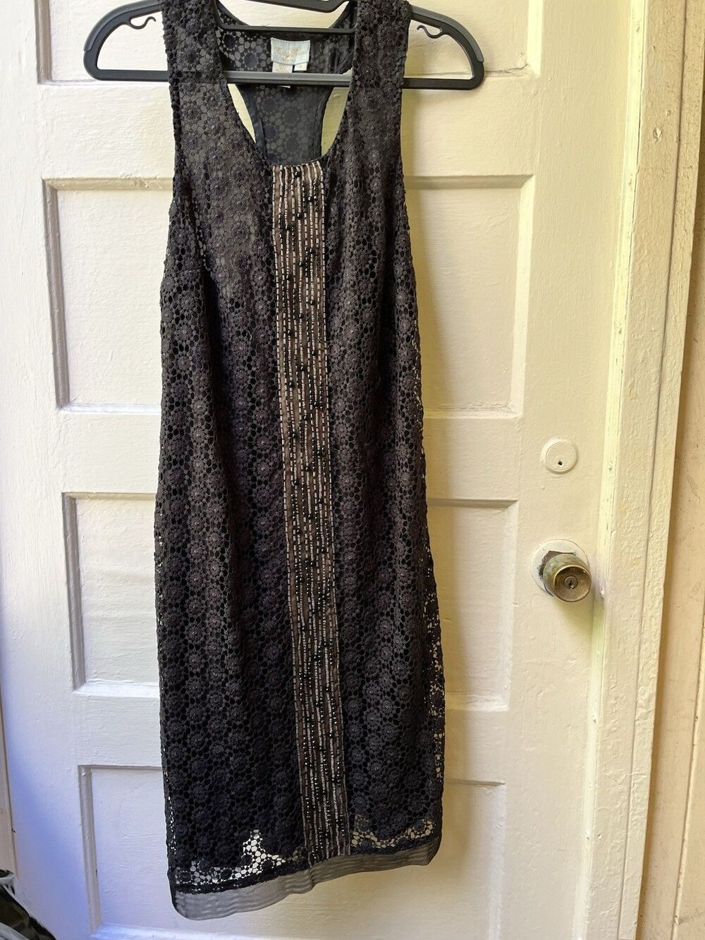 Tracy Reese Black Floral Dress 4 Midi Shift Crochet Sequin Boho Holiday Festive